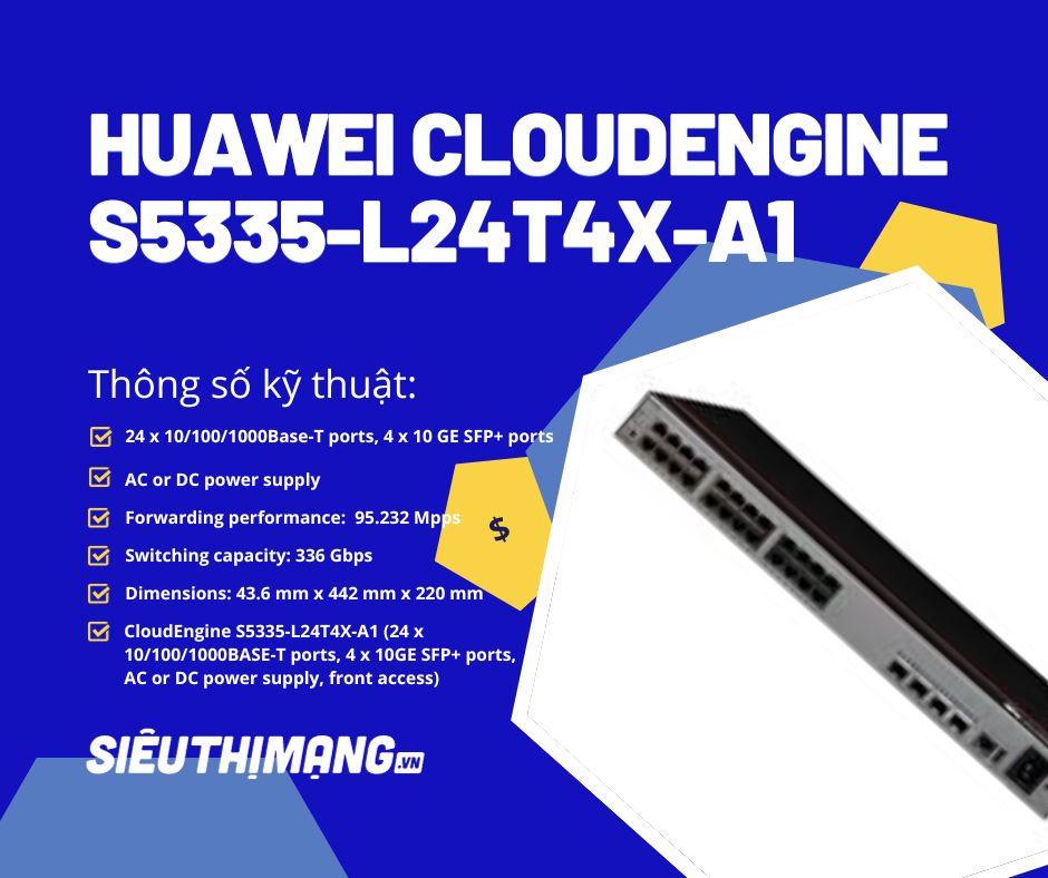 Huawei S5335-L24T4X-A1 - CloudEngine S5335-L24T4X-A1 (24 x 10/100/1000BASE-T ports, 4 x 10GE SFP+ ports, AC or DC  power supply, front access)