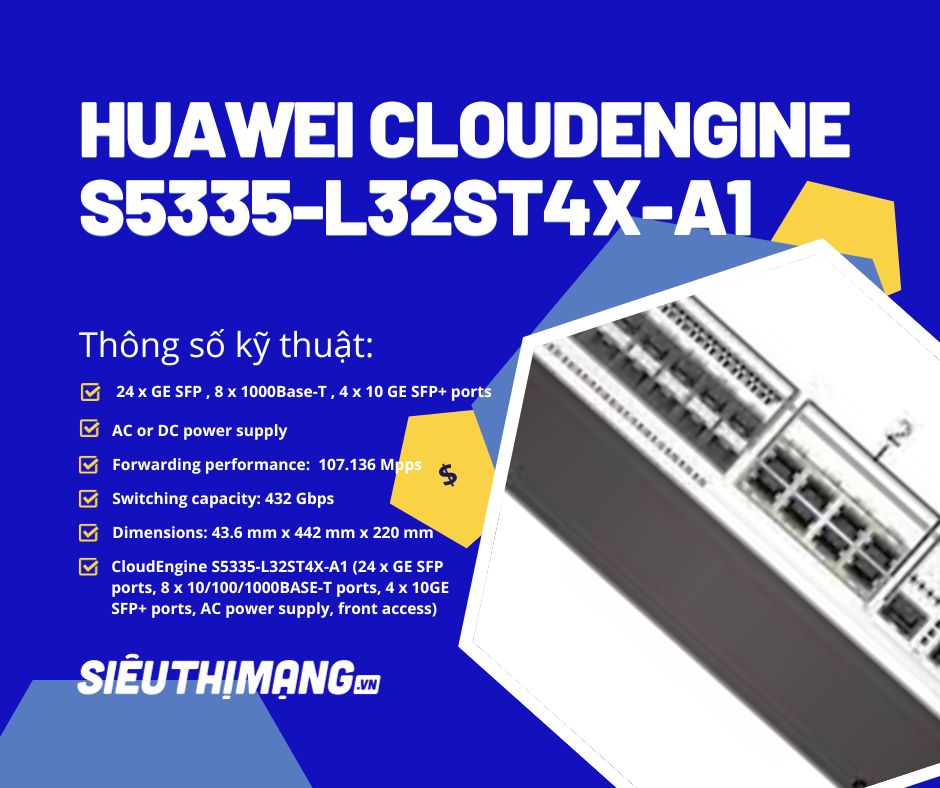 Switch Huawei S5335-L32ST4X-A1 - CloudEngine S5335-L32ST4X-A1 (24 x GE SFP ports, 8 x 10/100/1000BASE-T ports, 4 x 10GE SFP+ ports, AC power supply, front access)